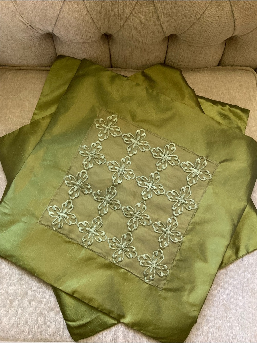 A set of 3 of Olive Green Floral Embroidered Accent Pillow Cover